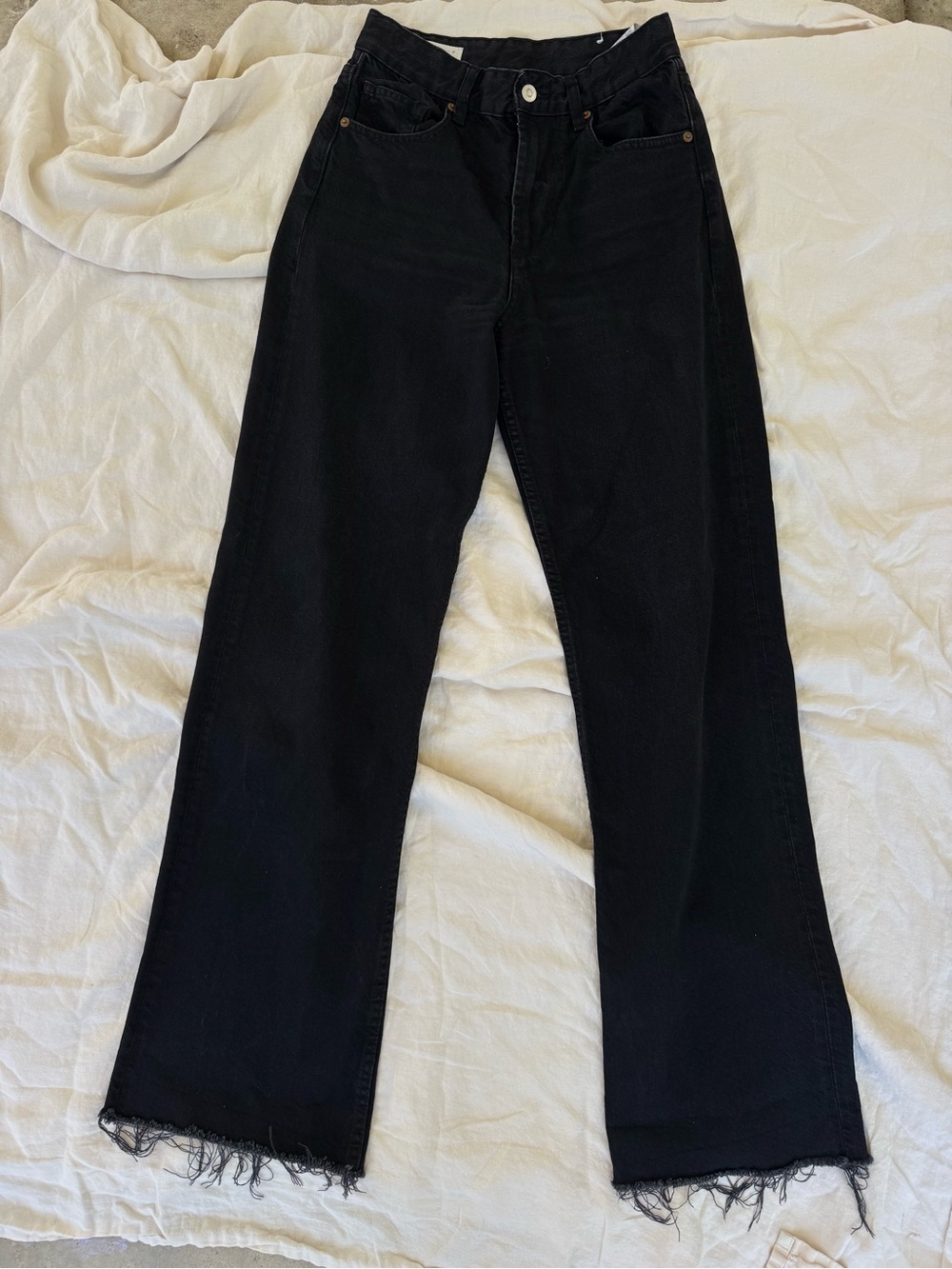 Zara Black High-Rise Straight Leg Jeans with Raw Hem